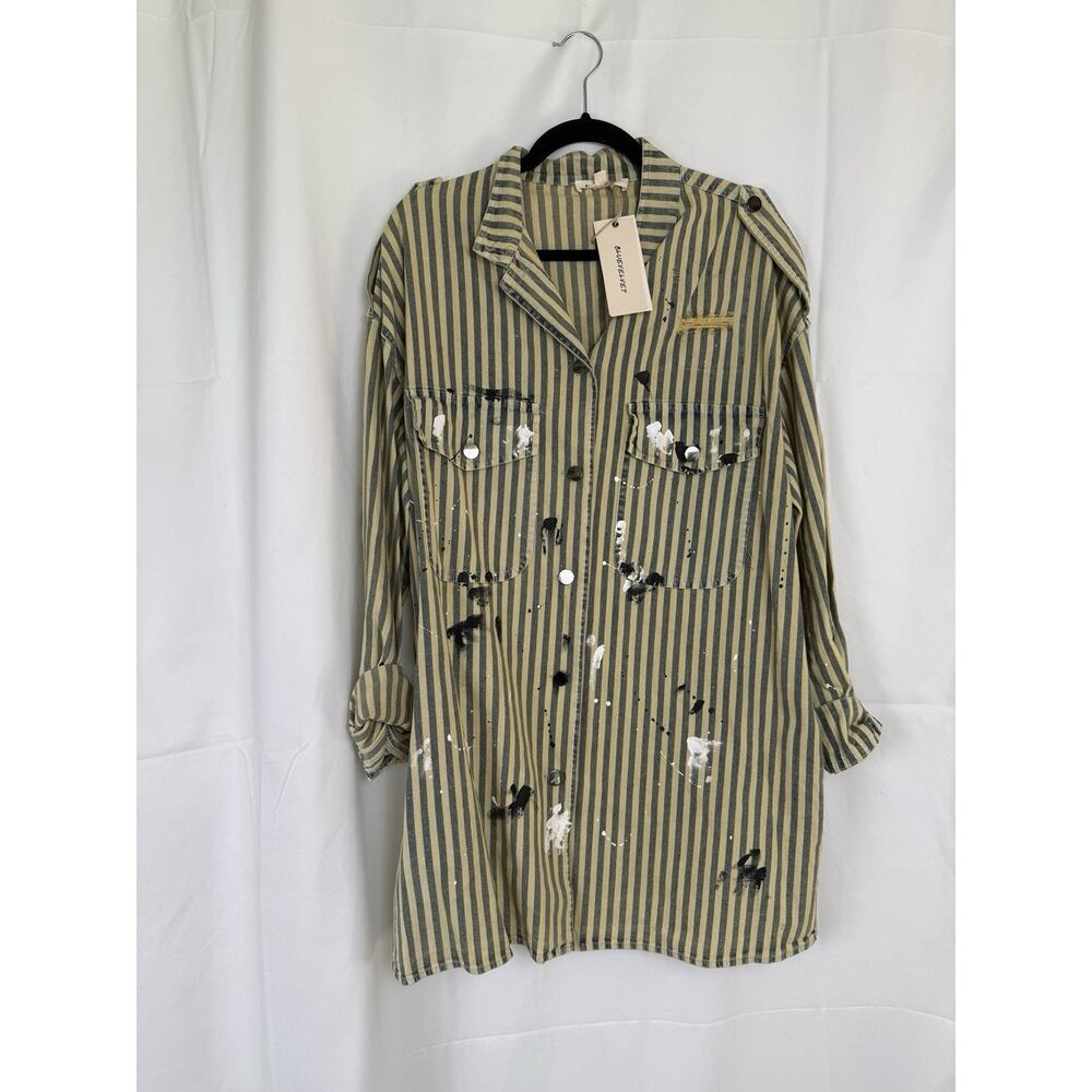 NWT BLUEVELVET Vintage Inspired Striped Utility Jacket Distressed S Oversized